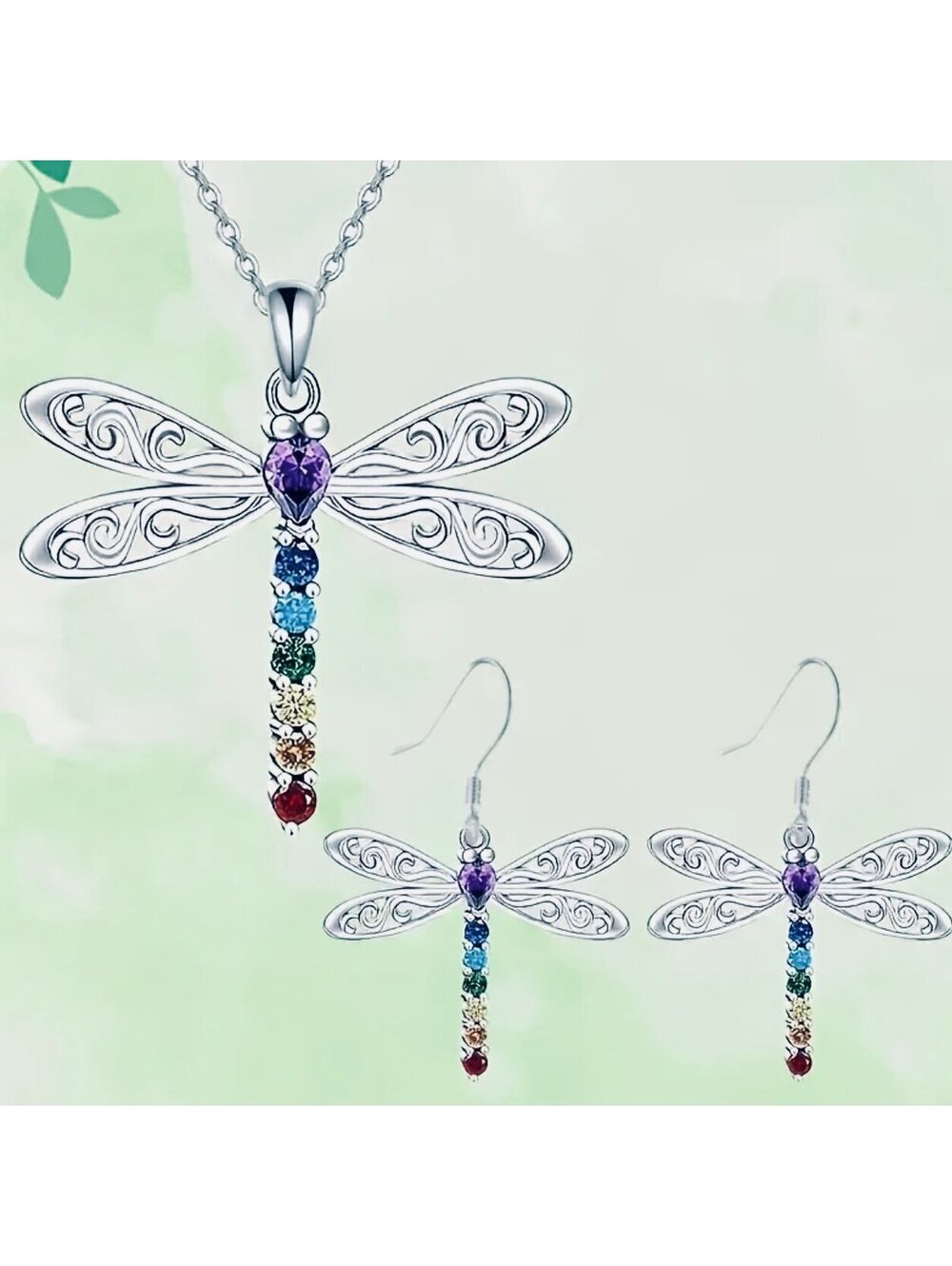 New - 3Pcs Vibrant Dragonfly Pendant Necklace and Earrings Set